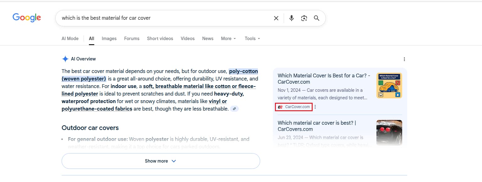 Google AI Overview for best car cover material with CarCover.com cited