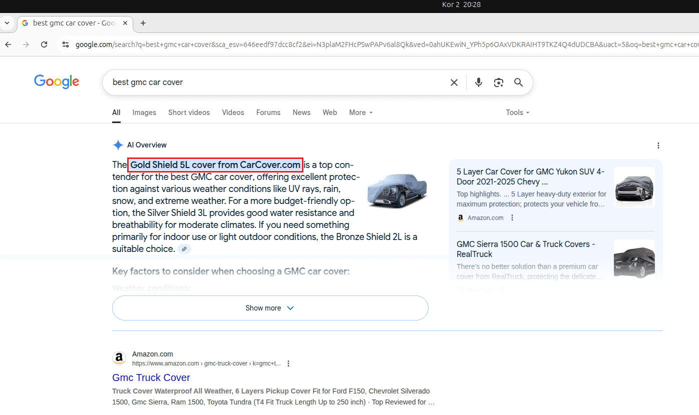 ChatGPT now recommending CarCover.com with citation highlighted