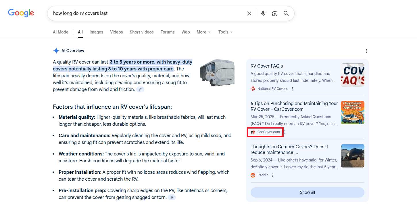 Google AI Overview featuring CarCover.com Gold Shield 5L