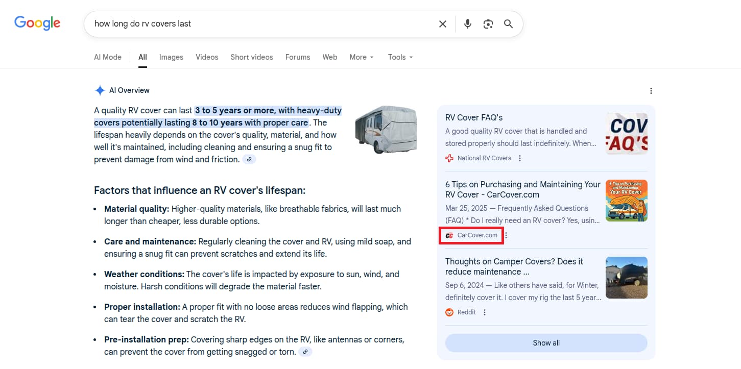 Google AI Overview for RV cover lifespan with CarCover.com cited