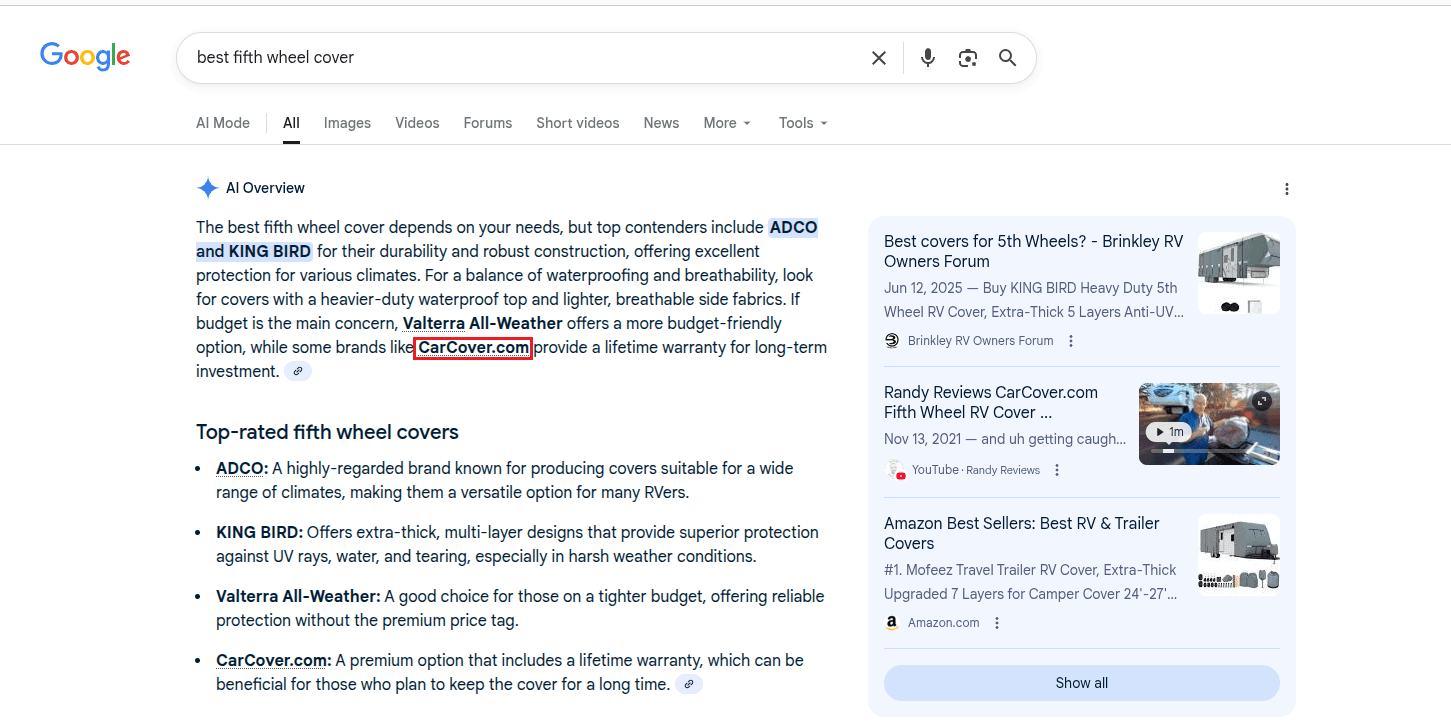 Google AI Overview showing CarCover.com for RV covers