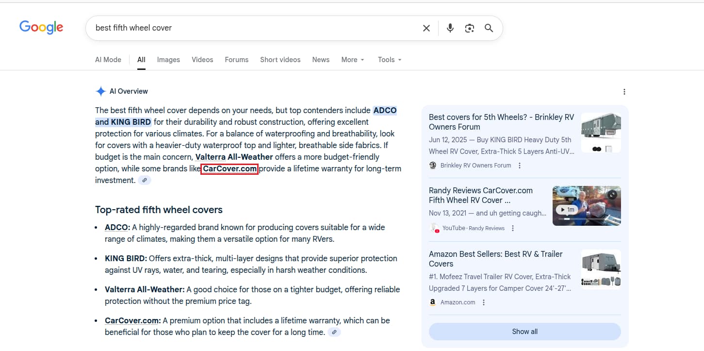 Google AI Overview for best fifth wheel cover with CarCover.com cited