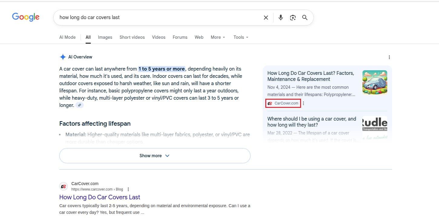 Google AI Overview for car cover lifespan with CarCover.com cited