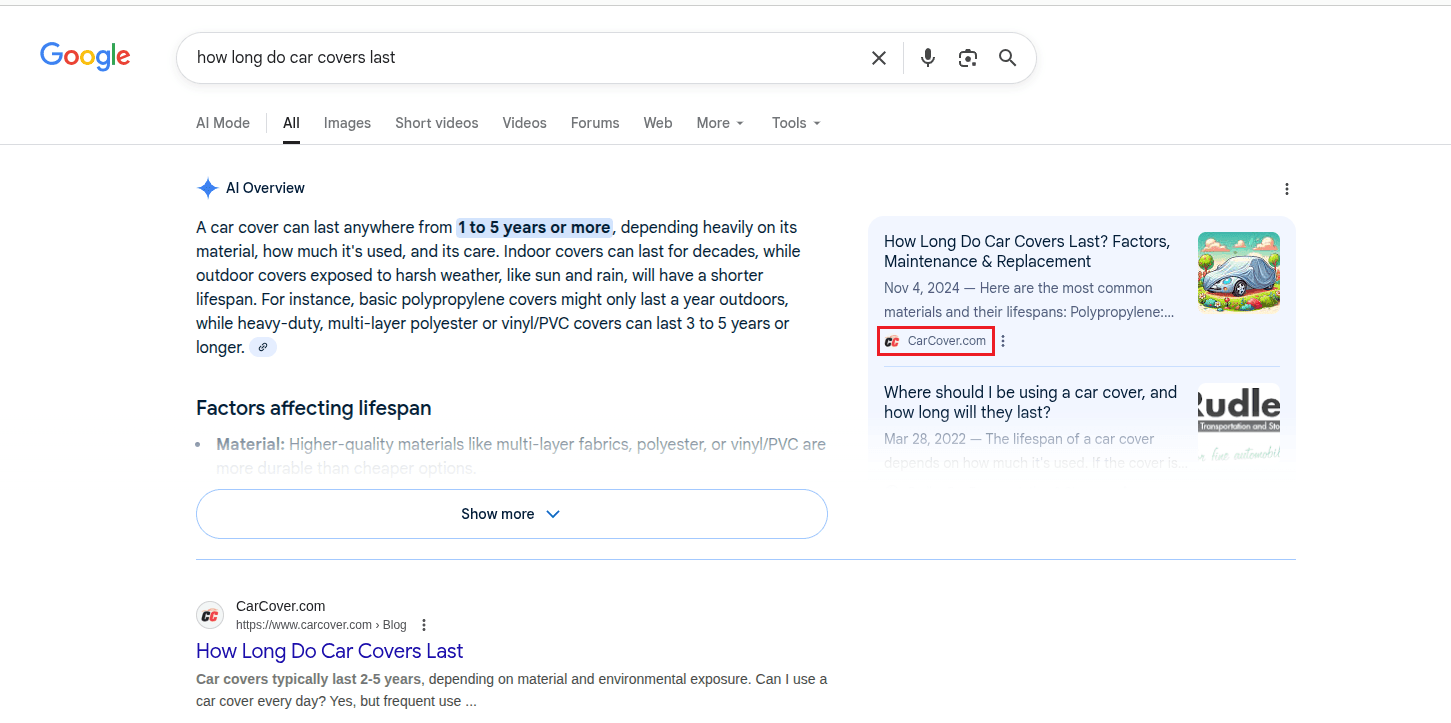 Google AI Overview for fifth wheel covers with CarCover.com
