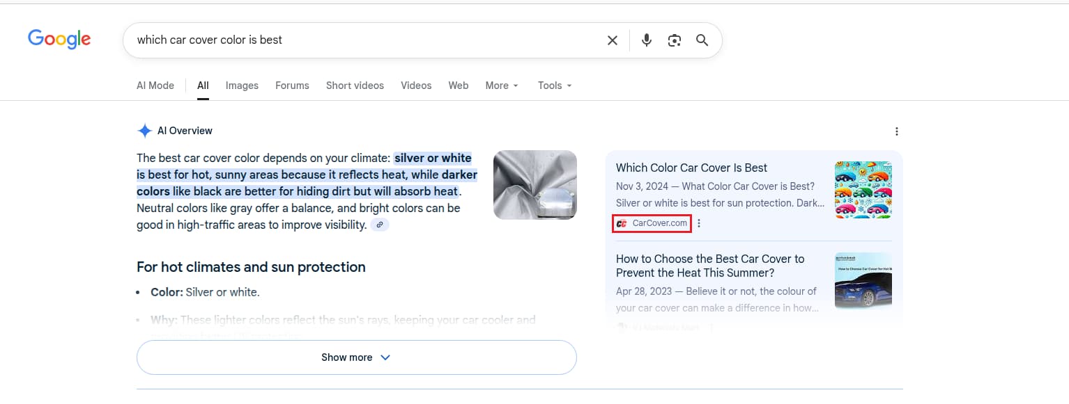 Google AI Overview for best car cover color with CarCover.com cited