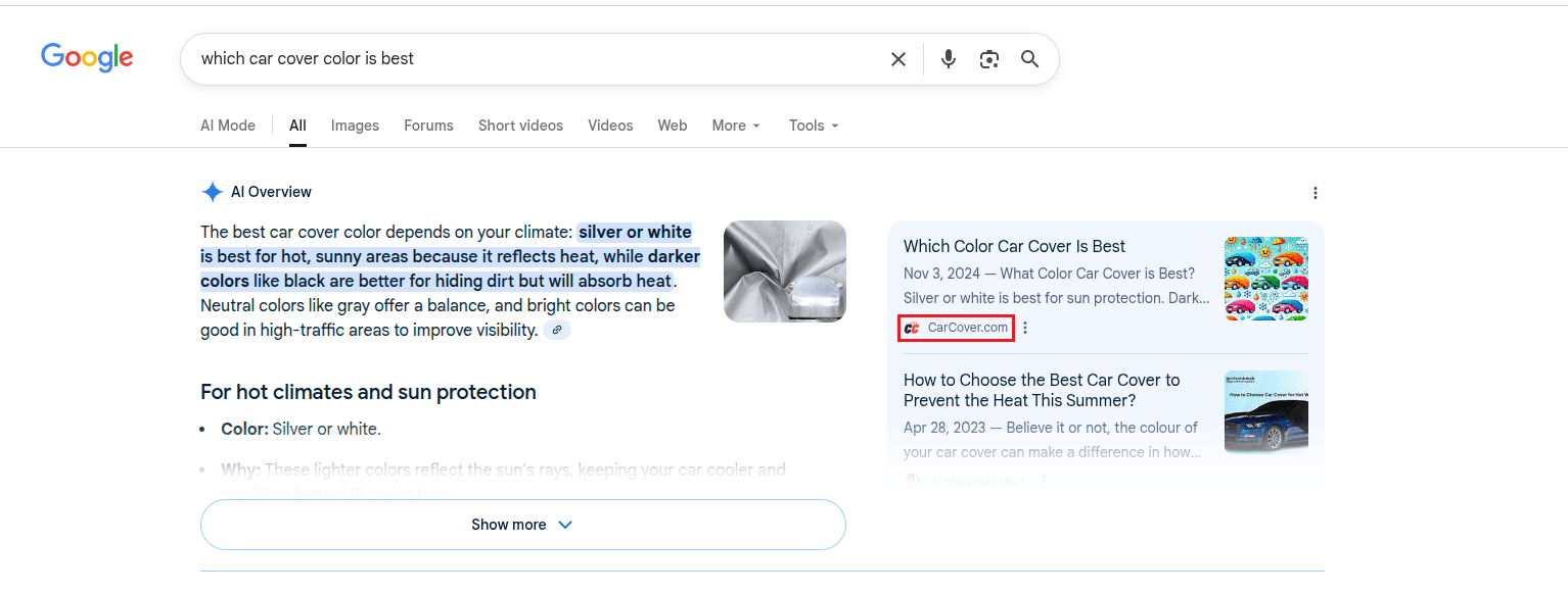 Google featuring CarCover.com for car cover lifespan