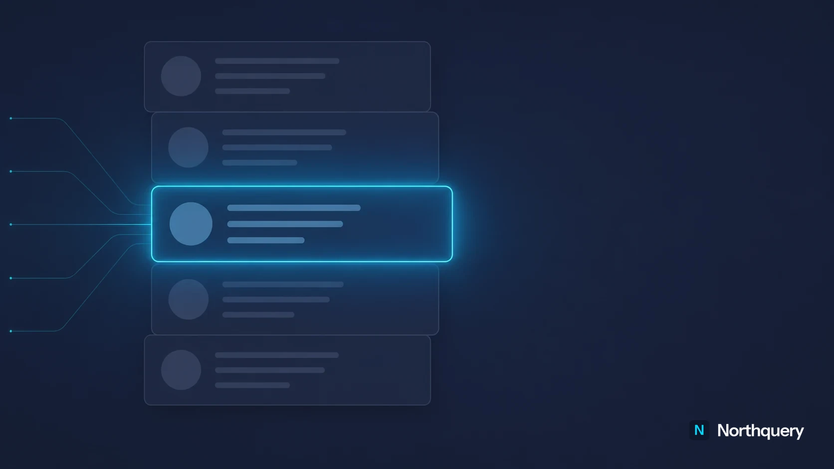 Five stacked result cards with only one lit, representing AI selecting a single business from many