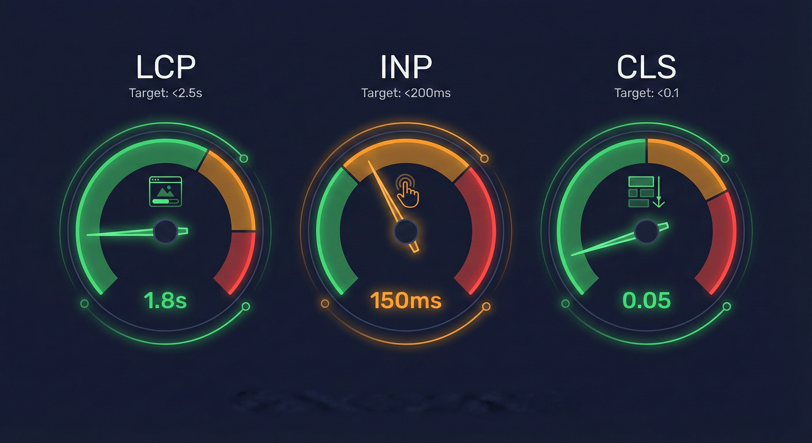 Core Web Vitals targets: LCP under 2.5 seconds, INP under 200ms, CLS under 0.1 for e-commerce SEO