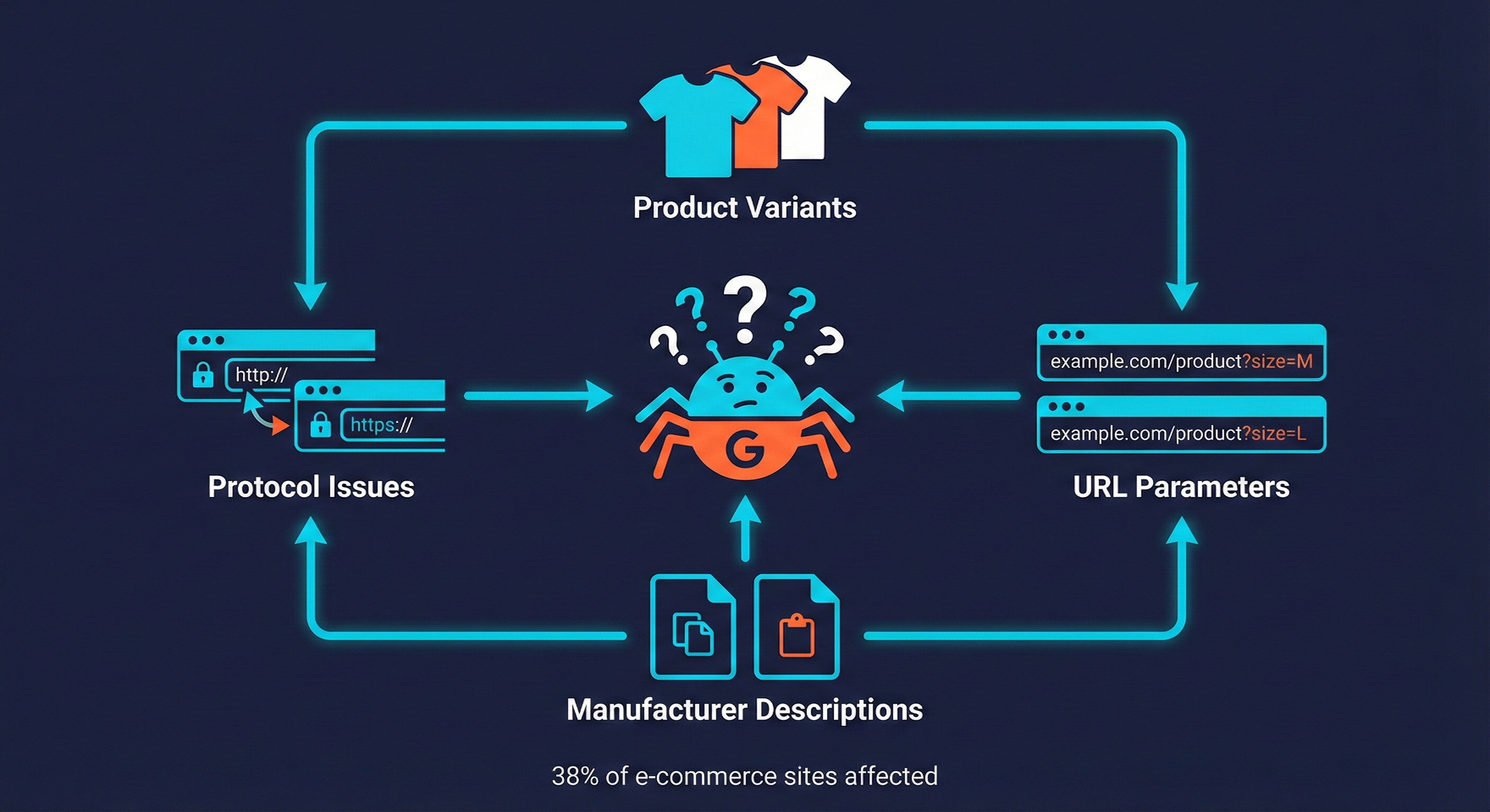 E-commerce duplicate content sources: product variants, URL parameters, HTTP/HTTPS issues, manufacturer descriptions